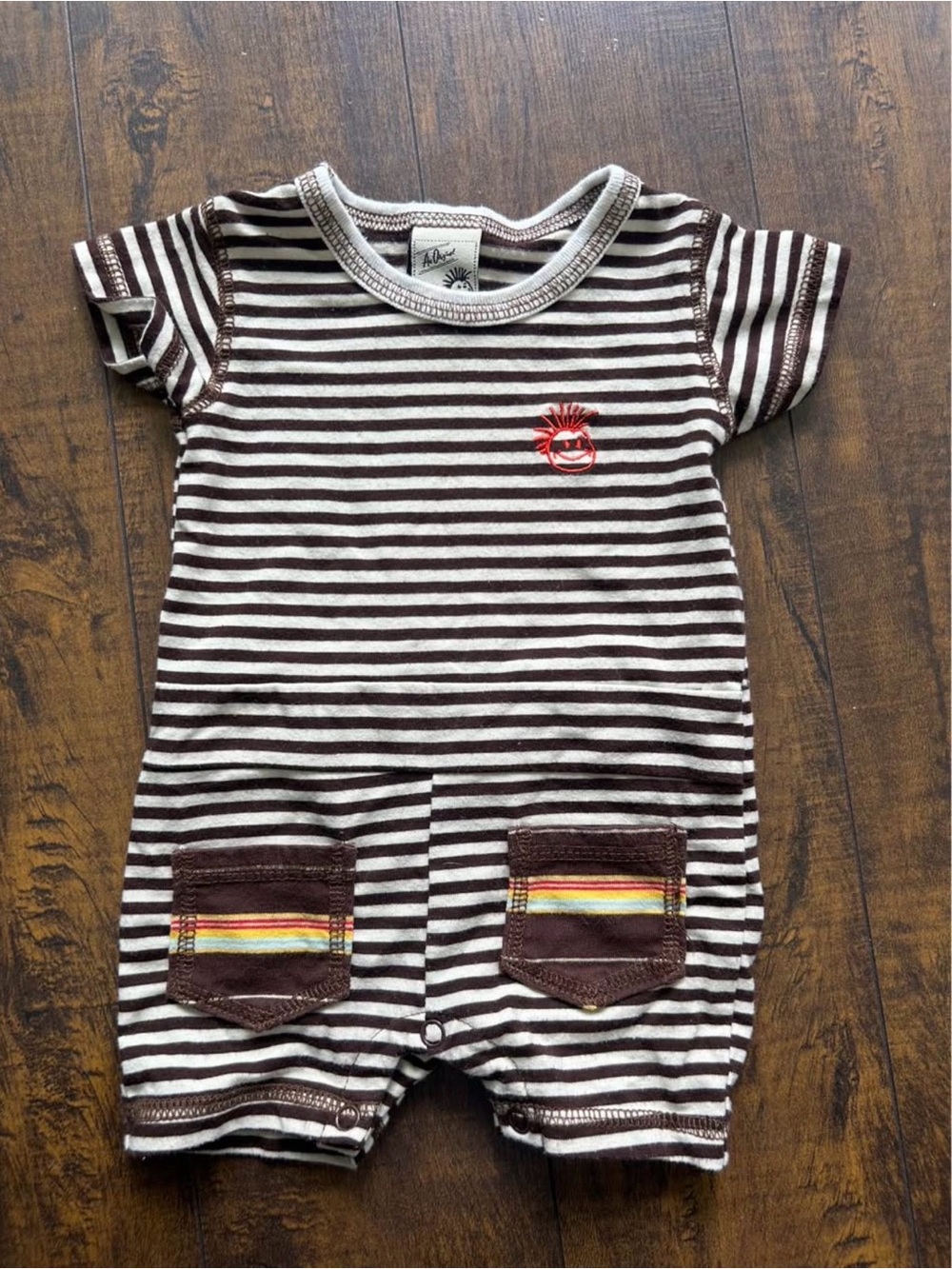 Striped Brown & White Baby One-Piece Romper with Pocket Detail